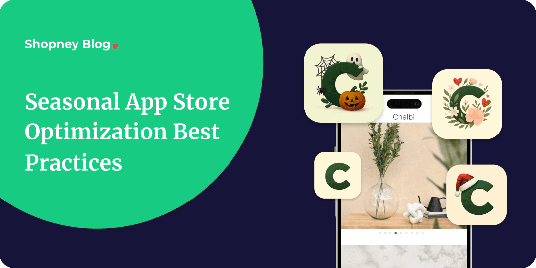 Seasonal app store optimization graphic with mobile app preview and holiday app icon designs